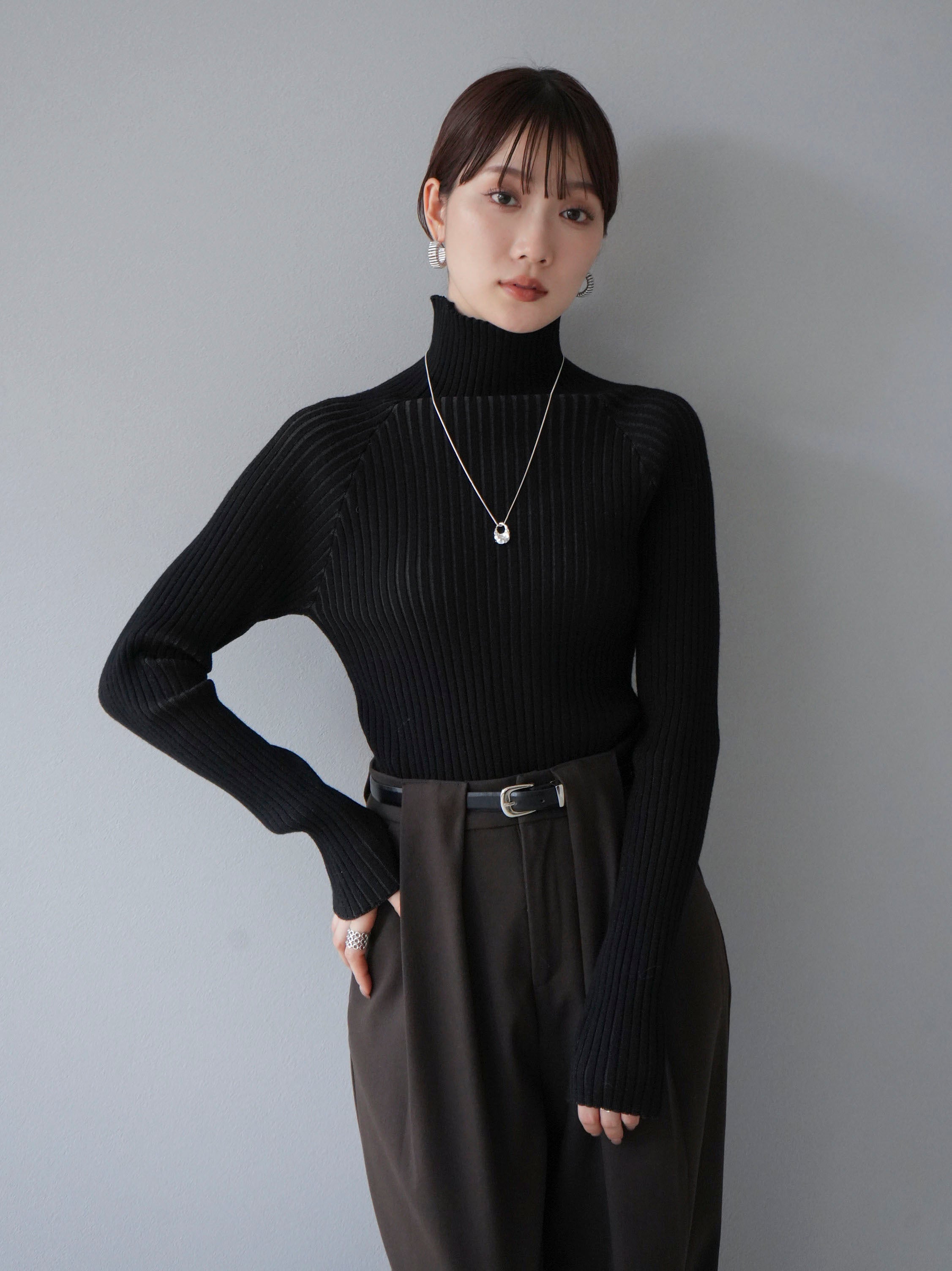 予約]バイカラーリブハイネックニットトップス/ブラック – Lumier