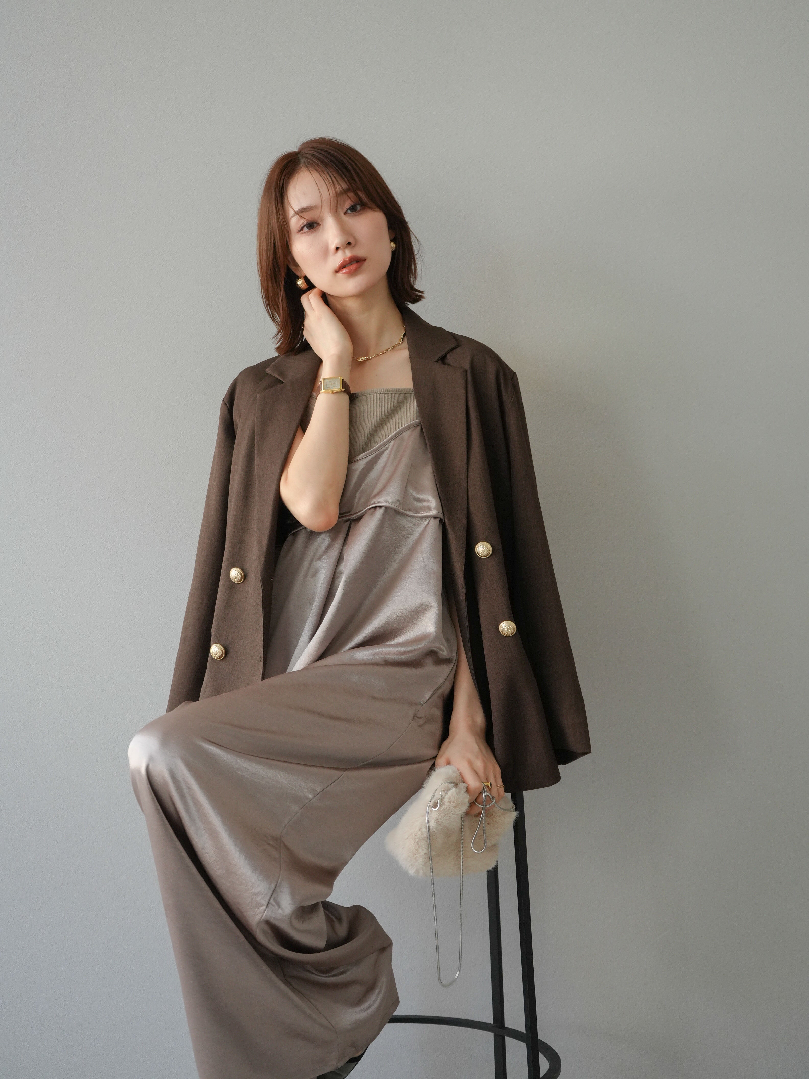 予約]ゴールドボタンツイルダブルテーラードジャケット/ブラウン – Lumier