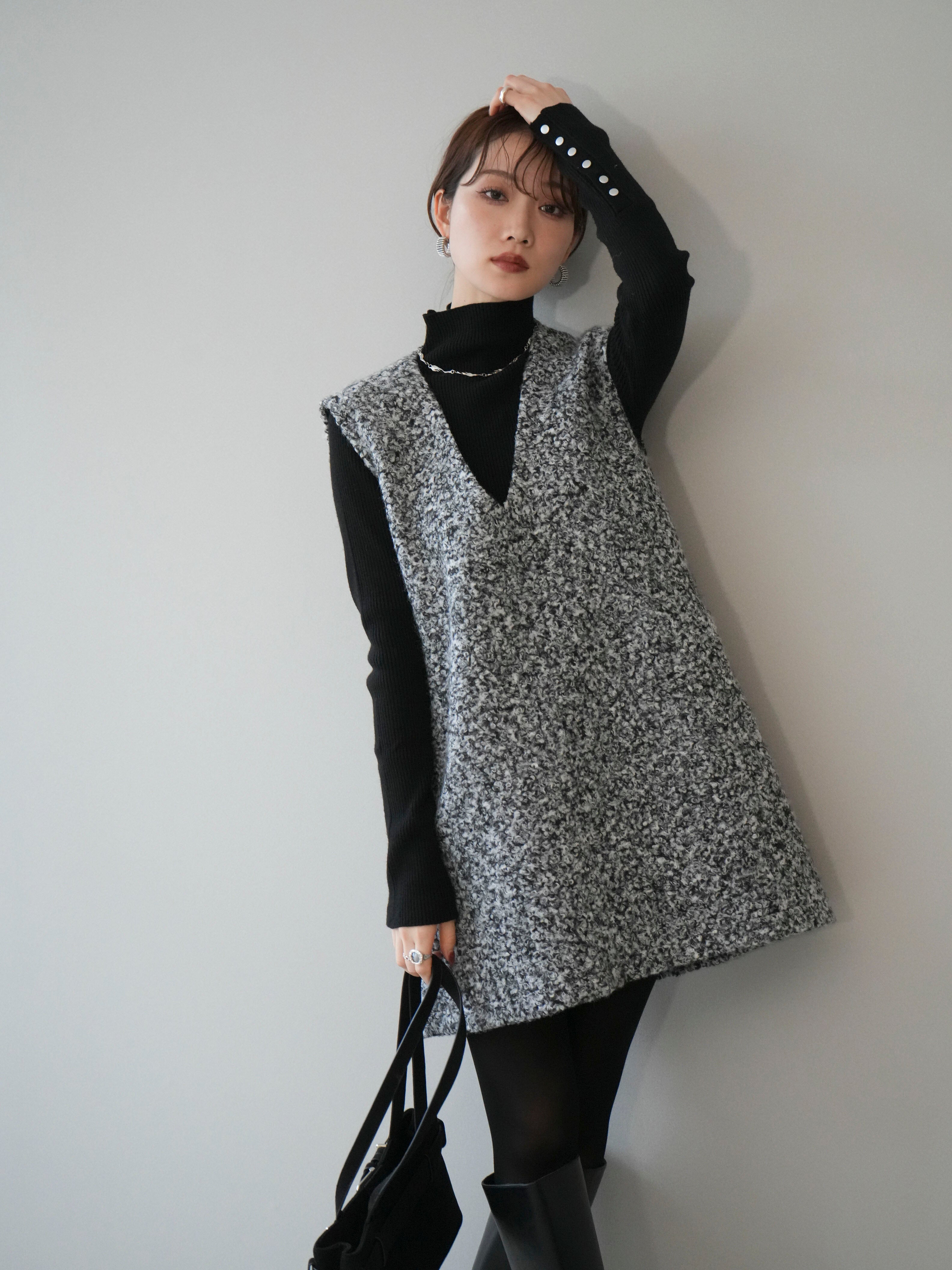 SET]ミックスループヤーンニットミニワンピース+袖ボタンボトルネック