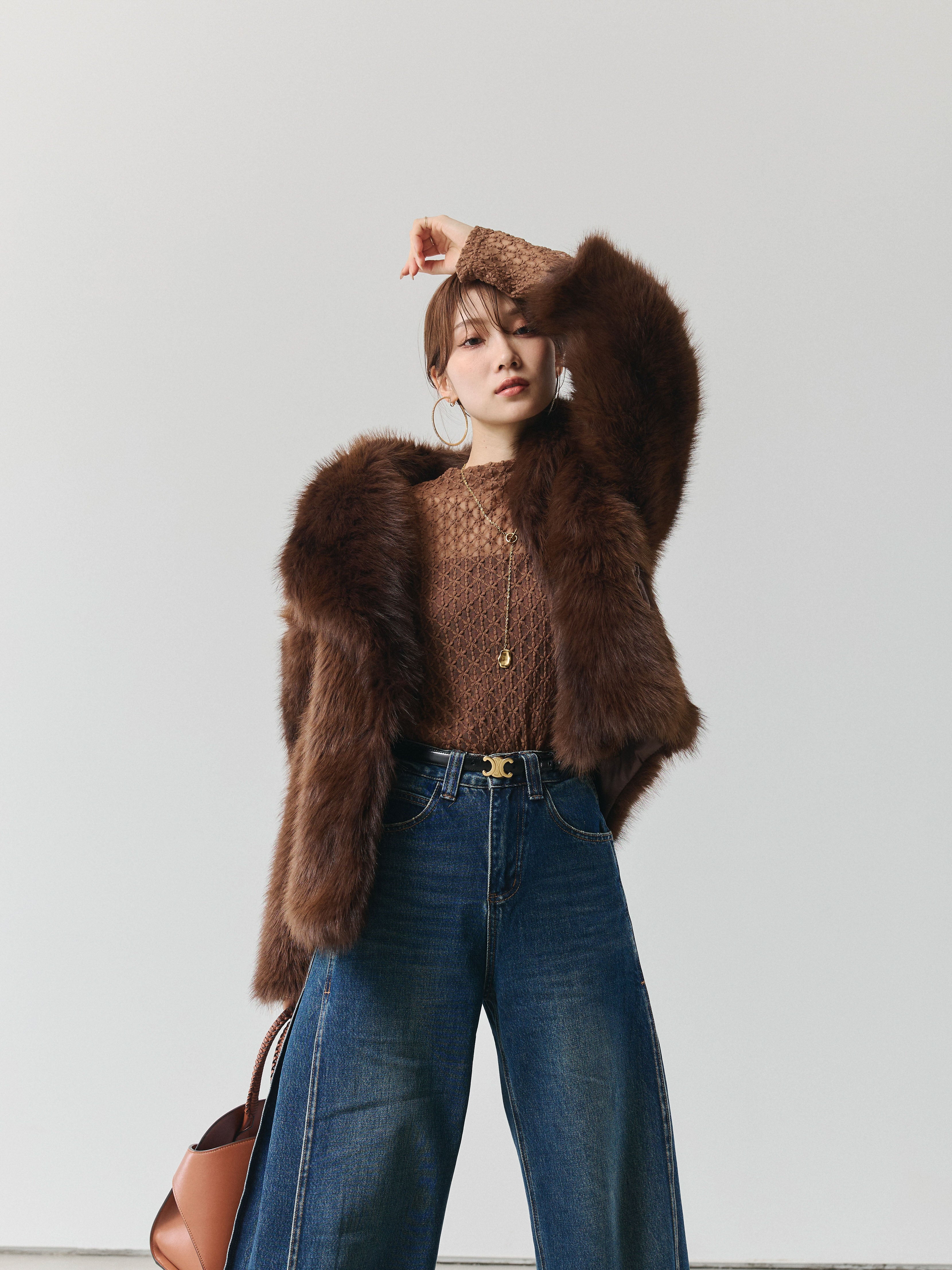 予約]フェイクファービックカラージャケット/ブラウン – Lumier