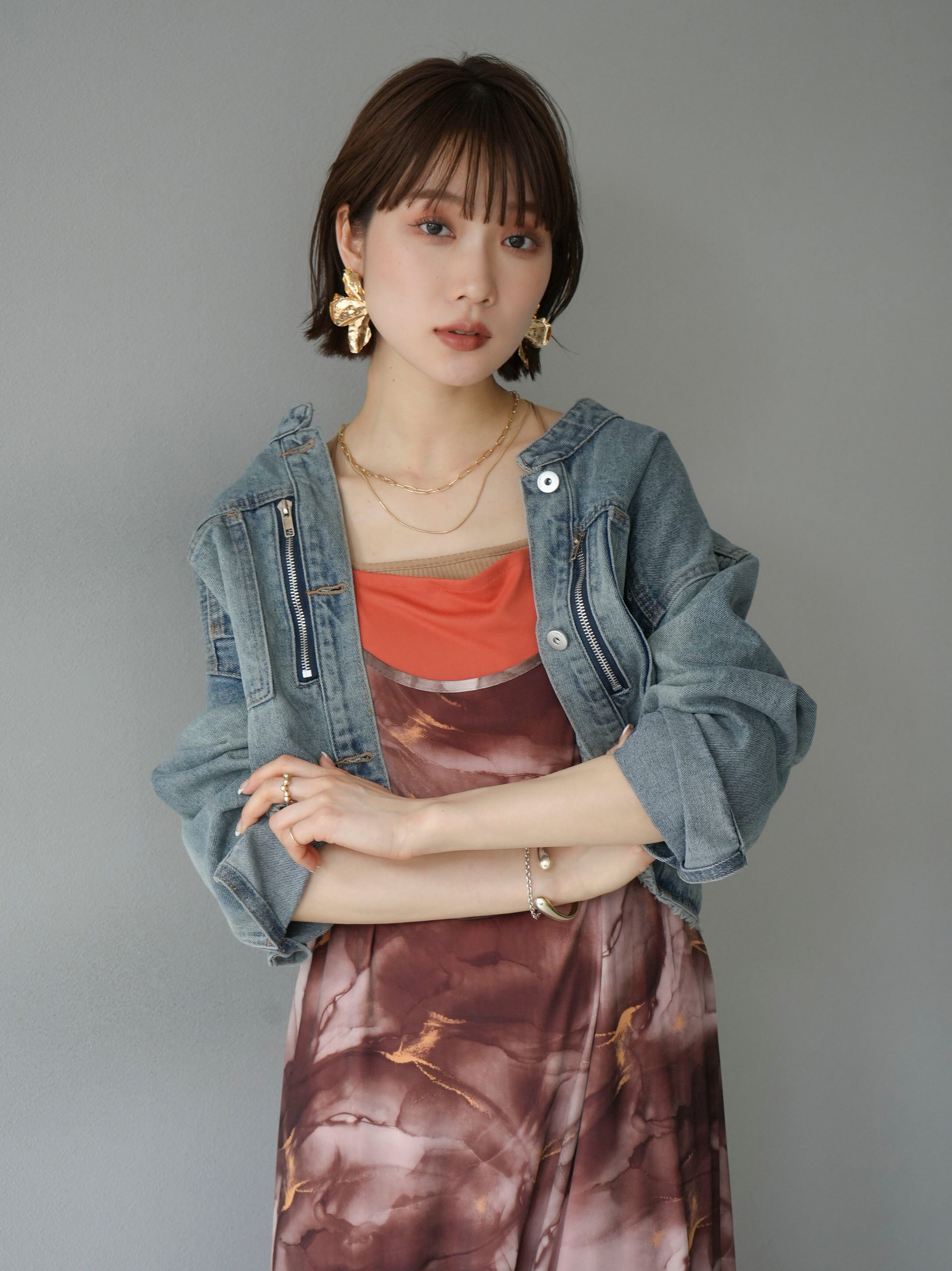 予約]ニュアンス柄チュールレイヤードキャミワンピース/ブラウン – Lumier