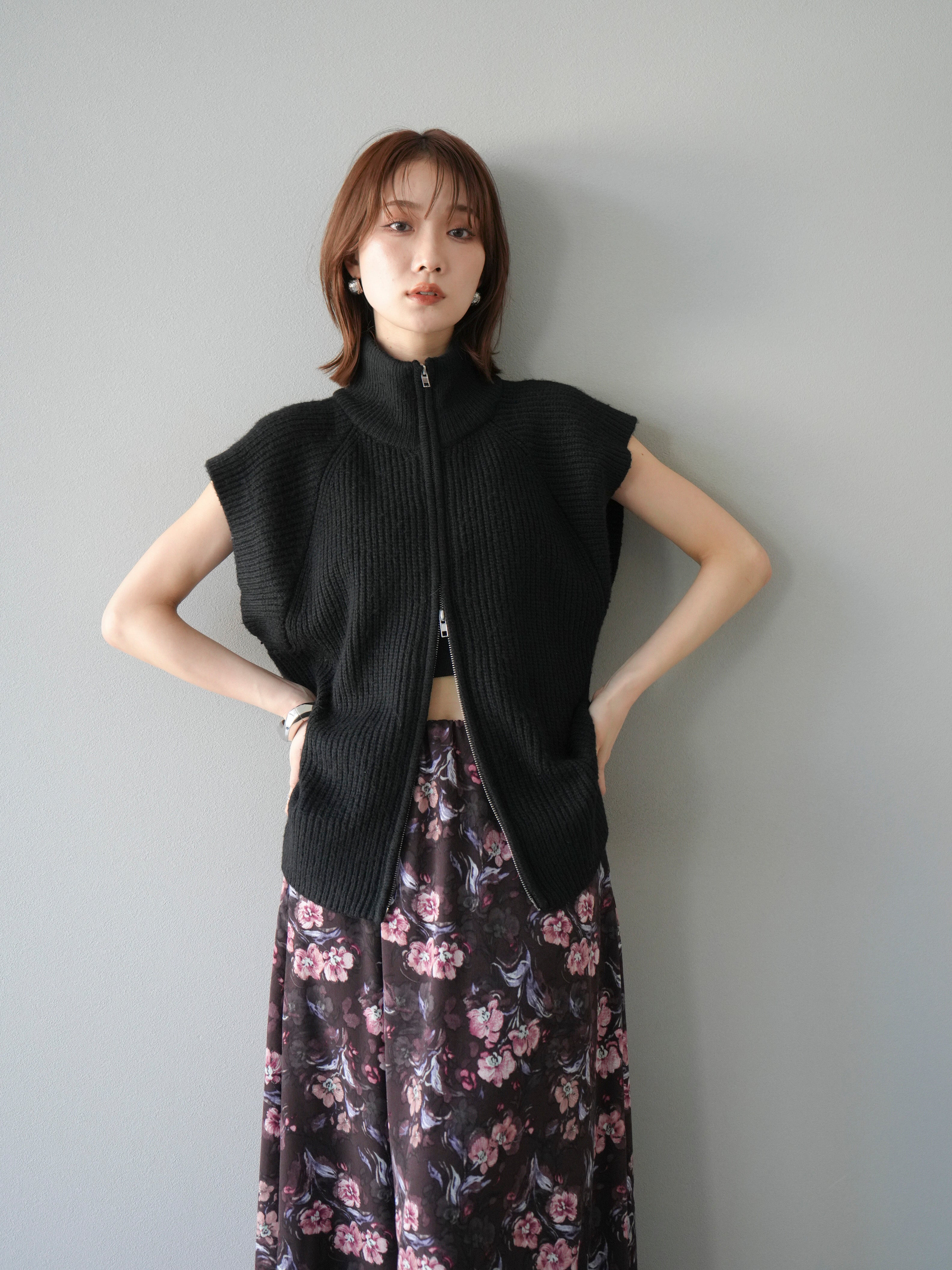 予約]ダブルZIPハイネック畦編みニットベスト/ブラック – Lumier