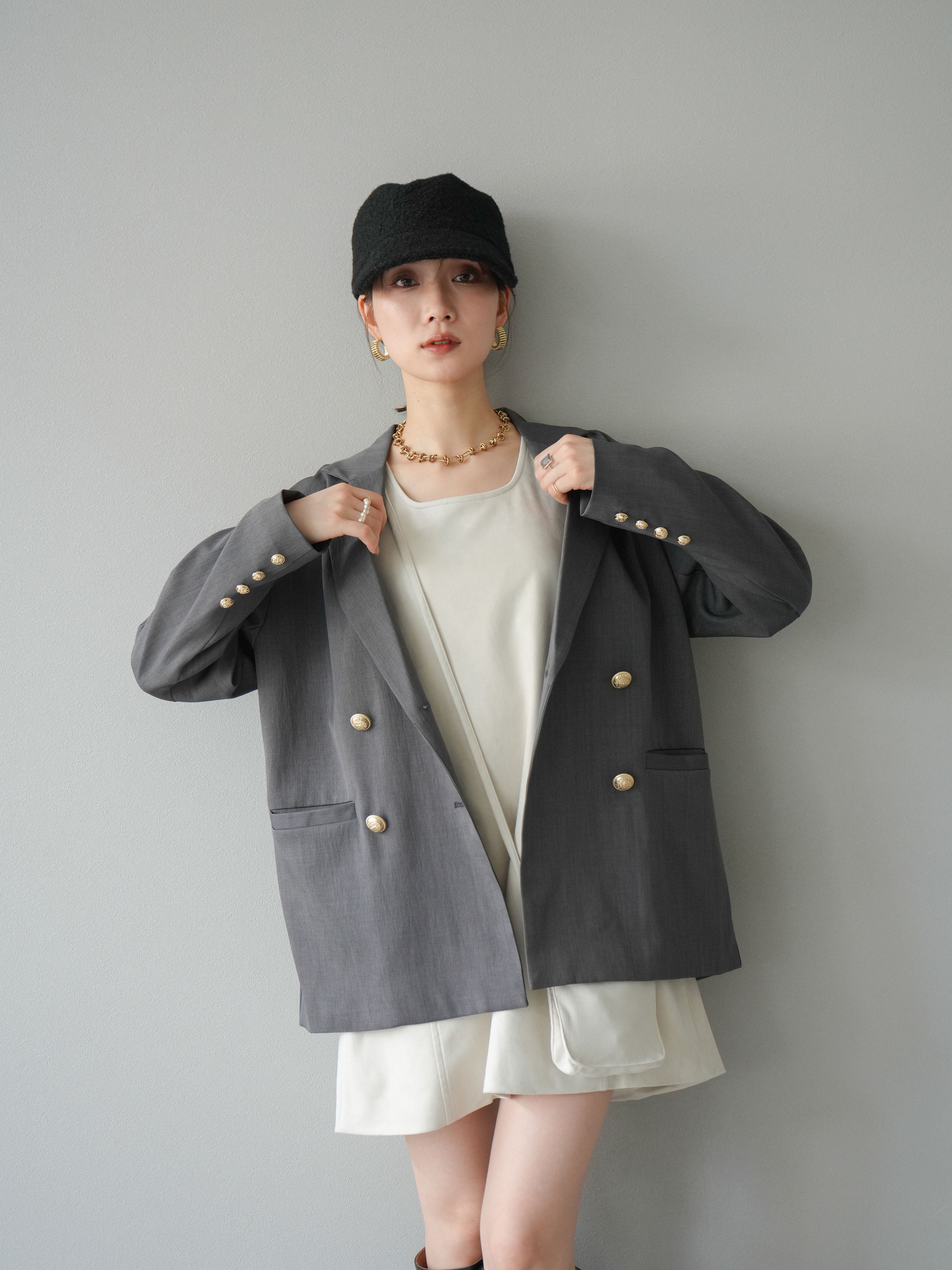 予約]ゴールドボタンツイルダブルテーラードジャケット/グレー – Lumier