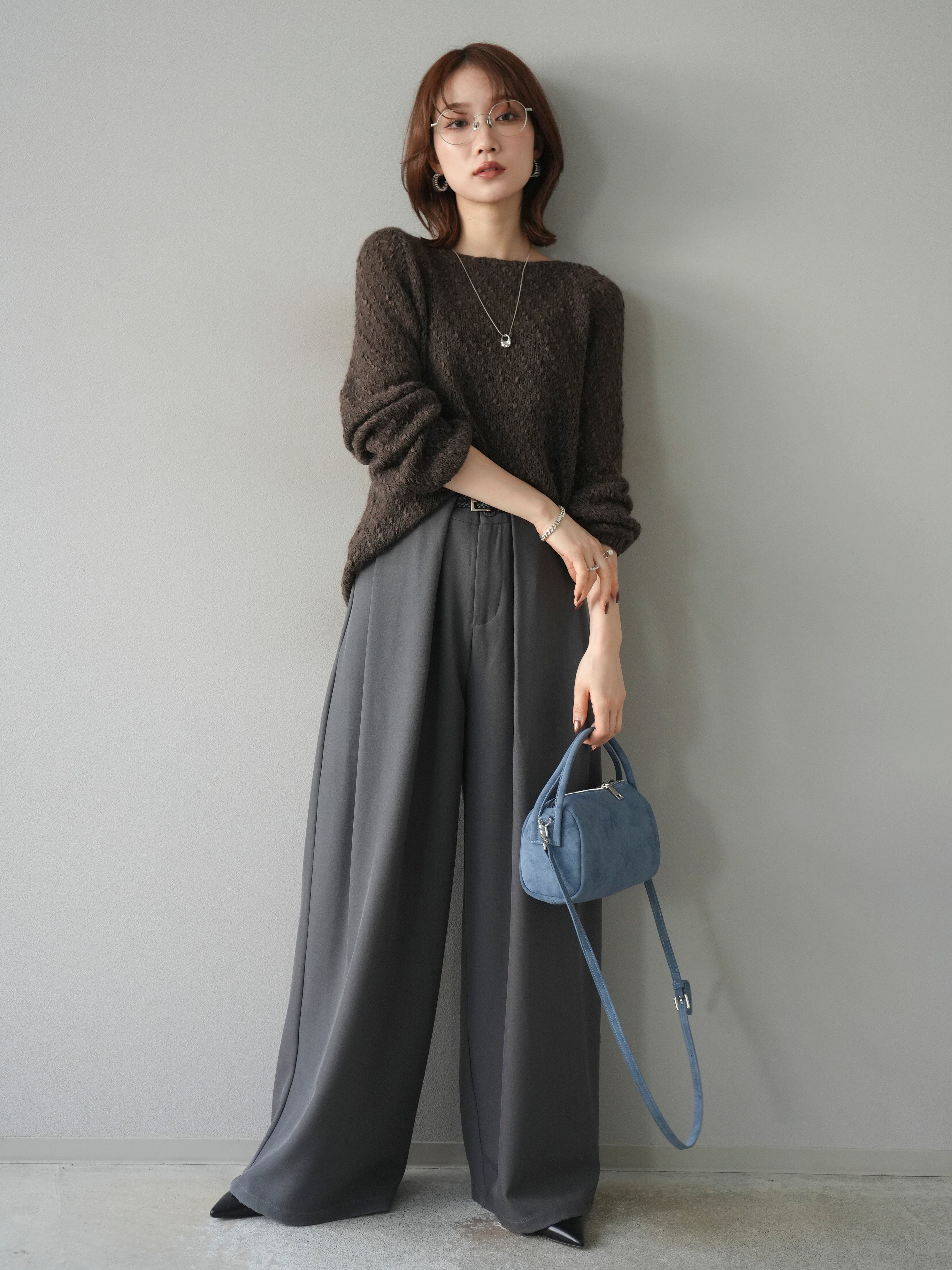 SET]異素材ミックスヤーンニットプルオーバー+ベルトループデザイン