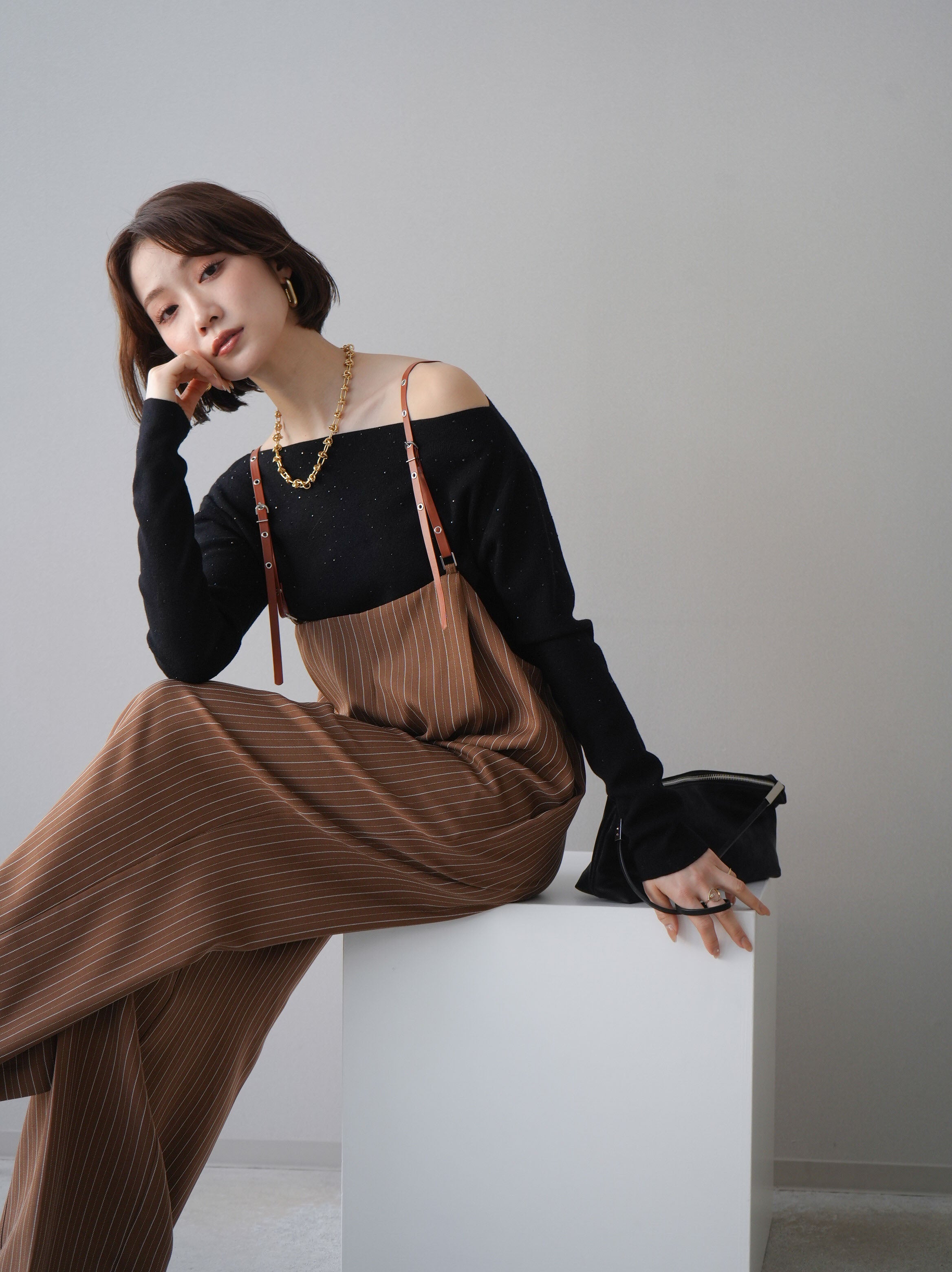 予約]ヘリンボーンストライプサス付サロペット/goldbrown – Lumier