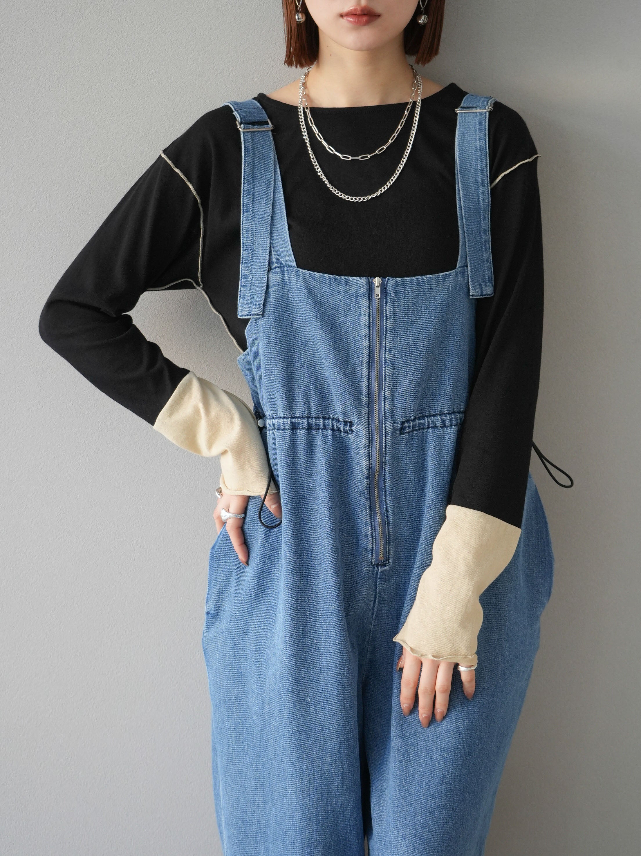 予約]ジップデザインドロストデニムサロペット/ブルー – Lumier