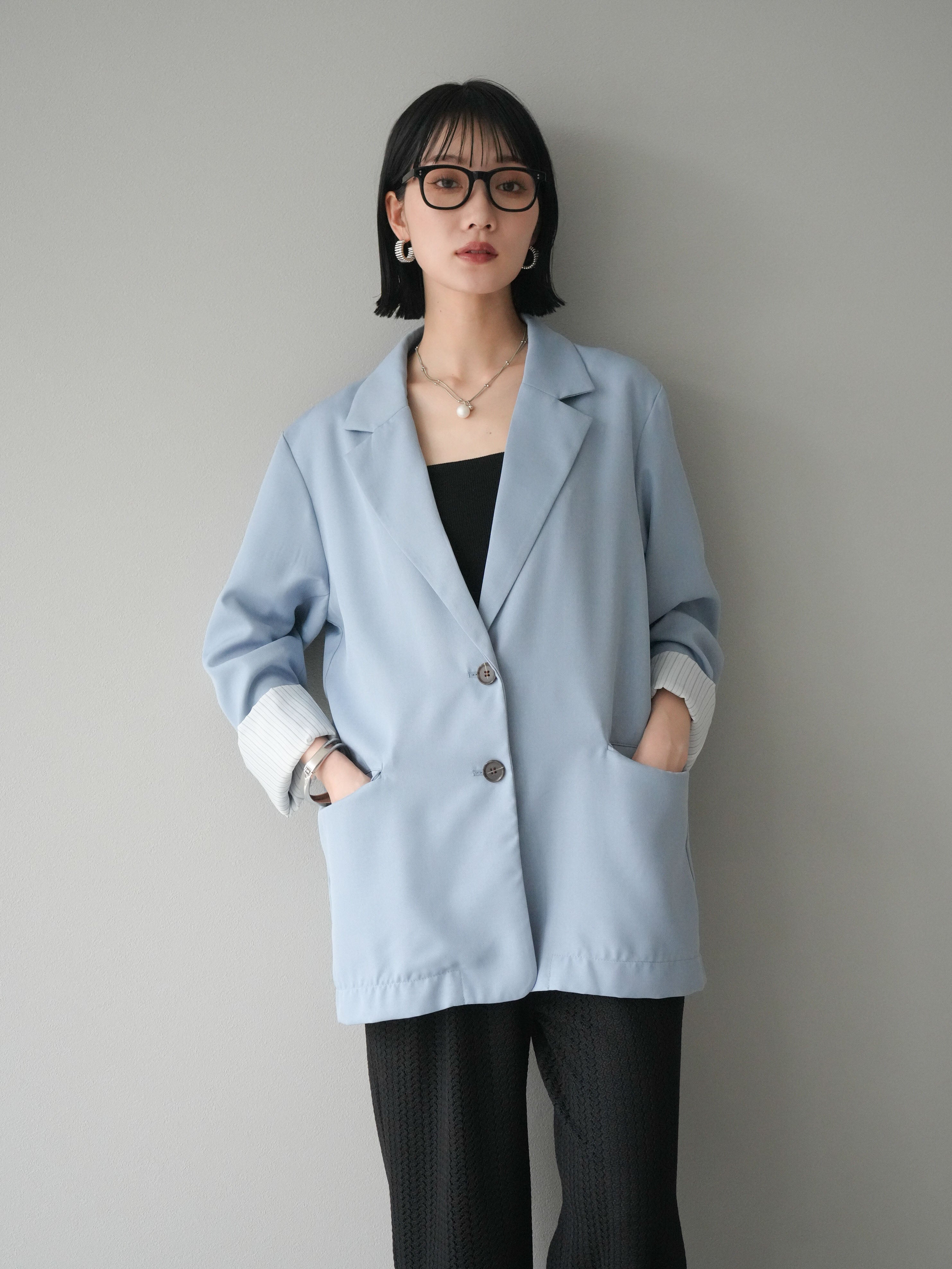 予約]リネンタッチテーラードジャケット/ライトブルー – Lumier