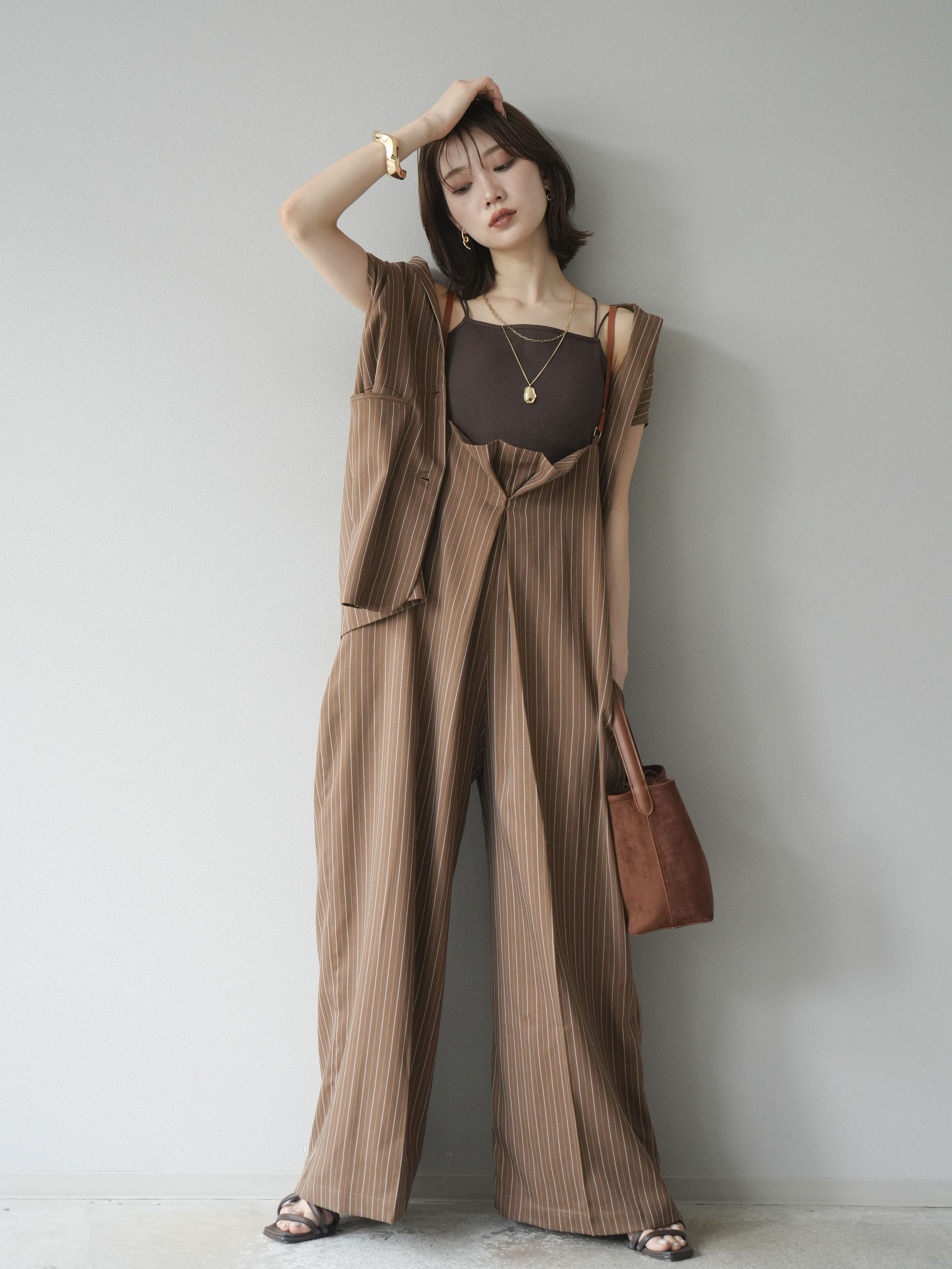 予約]ヘリンボーンストライプサロペット/ブラウン – Lumier