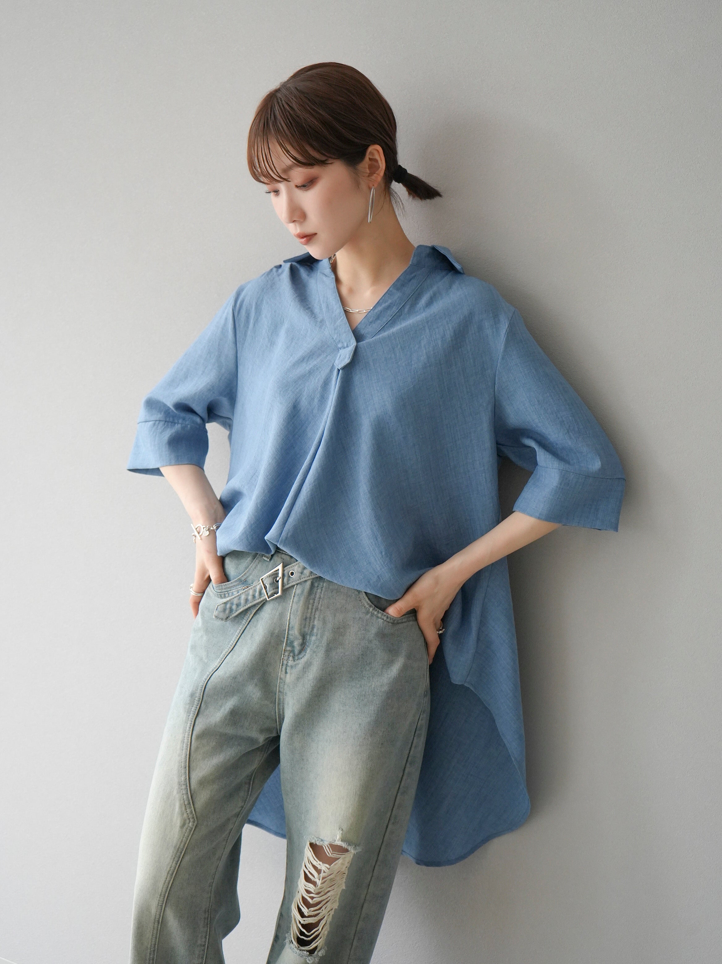 予約]リネンタッチハーフスリーブスキッパーシャツ/デニムブルー – Lumier