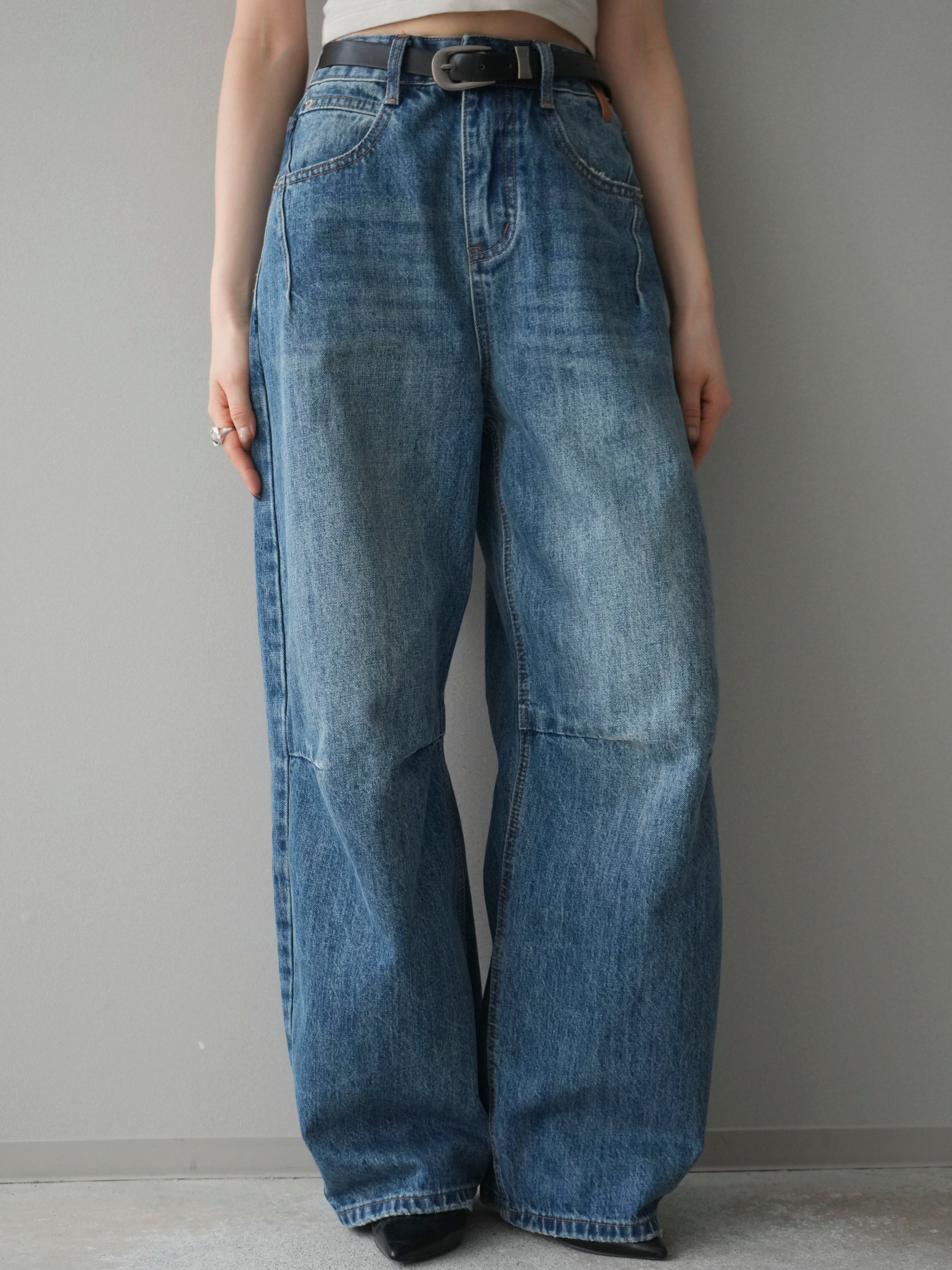 予約]ベルト付3Dカーブワイドデニムパンツ/blue – Lumier