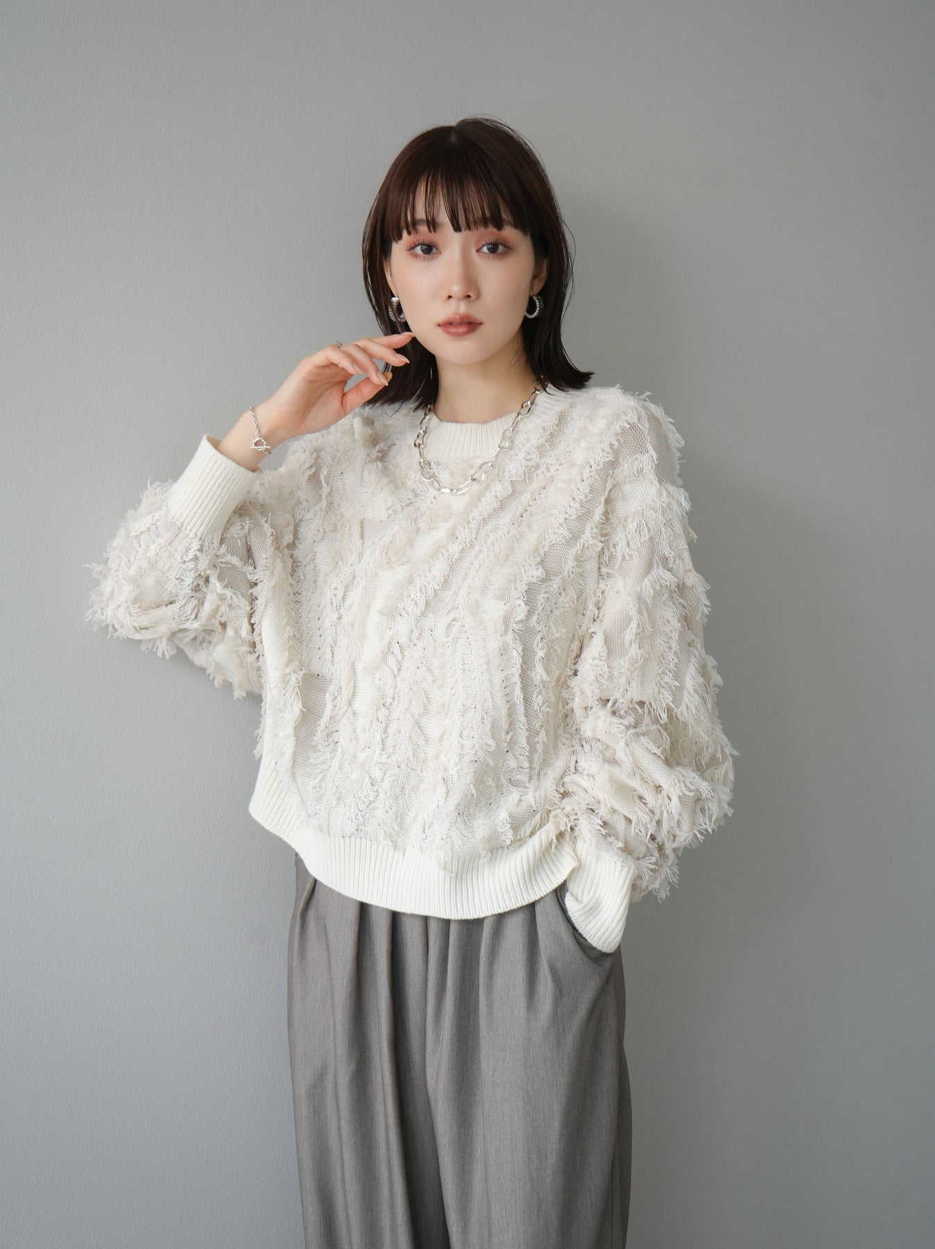 予約]ミックスフリンジニットプルオーバー/アイボリー – Lumier