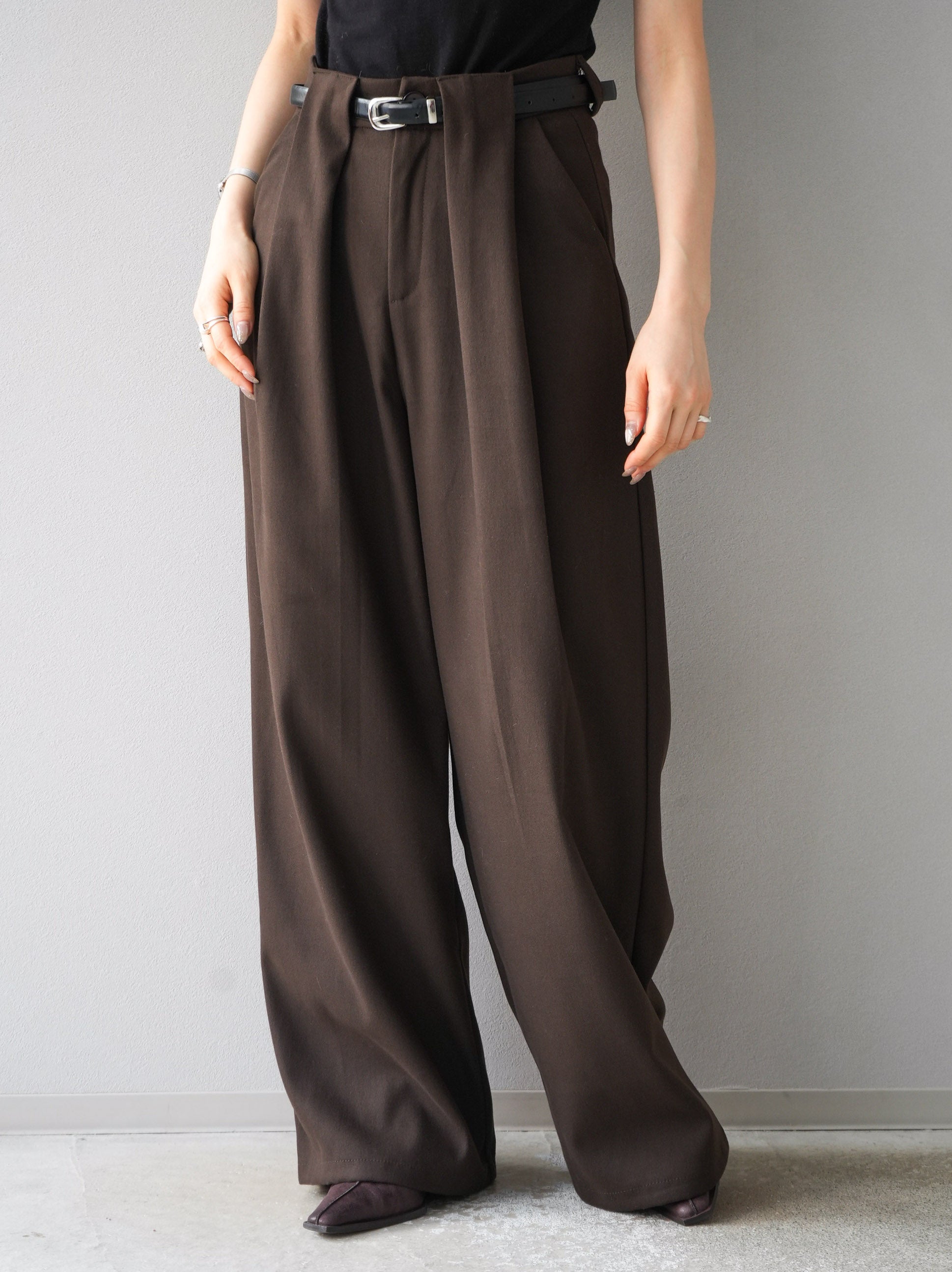 予約]ベルト付ウールタッチワイドパンツ/ブラウン – Lumier