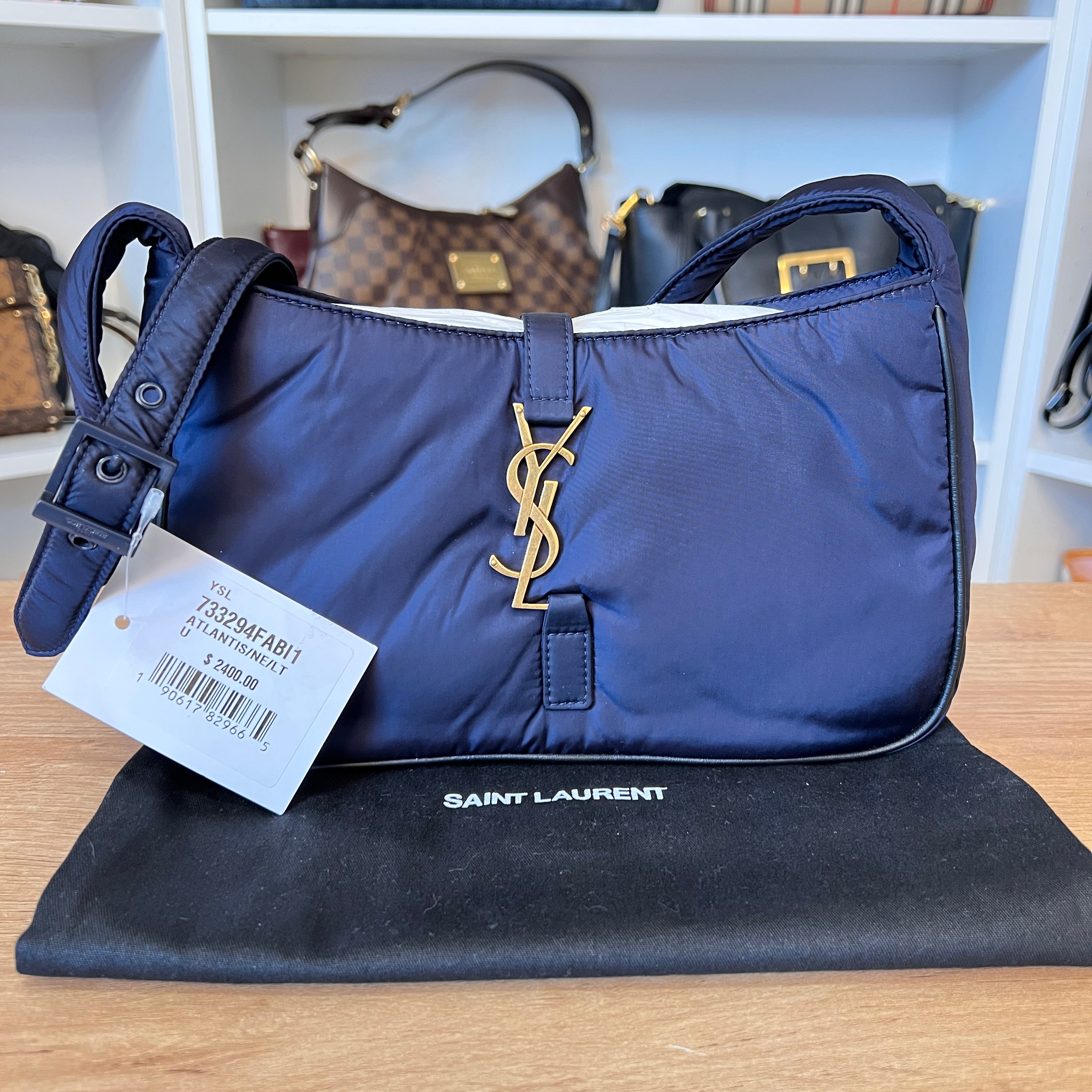 Saint Laurent YSL Le 5 À 7 Nylon Shoulder Bag Navy & Gold – Luxe