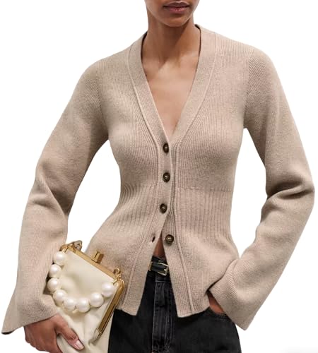 ZAFUL Women's V Neck Button Down Ribbed Sweater Cardigan Long