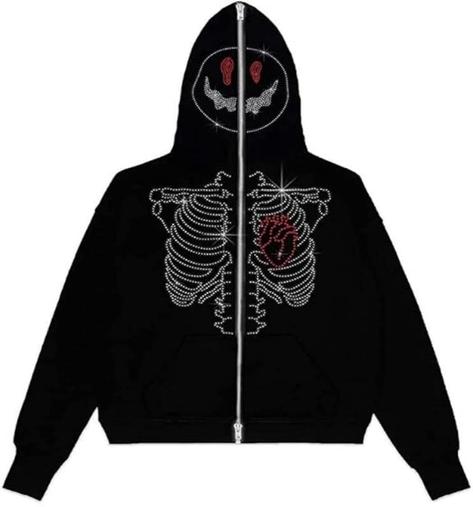 NJNJGO Unisex Rhinestone Graphic Gothic Y2K Jacket Full Zip Up