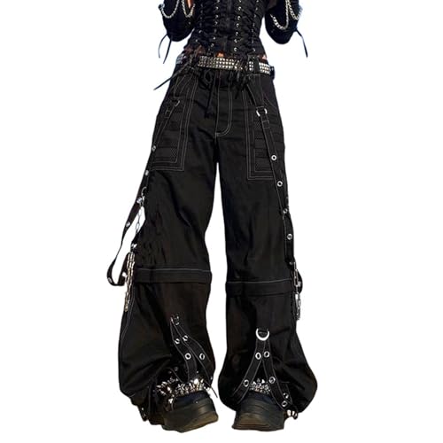 Pivanzore Womens Gothic Punk Cargo Pants Low Waisted Y2K Wide Leg