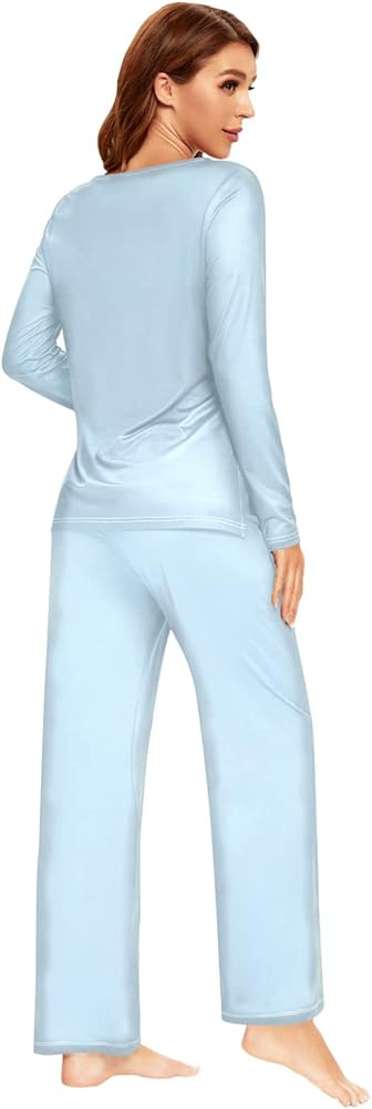 Women's Ice Blue Long Sleeve Pajamas Set, Two Piece Sleepwear
