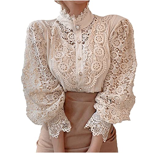 Womens Victorian Tops Dressy Casual Button Blouses Lantern Sleeve