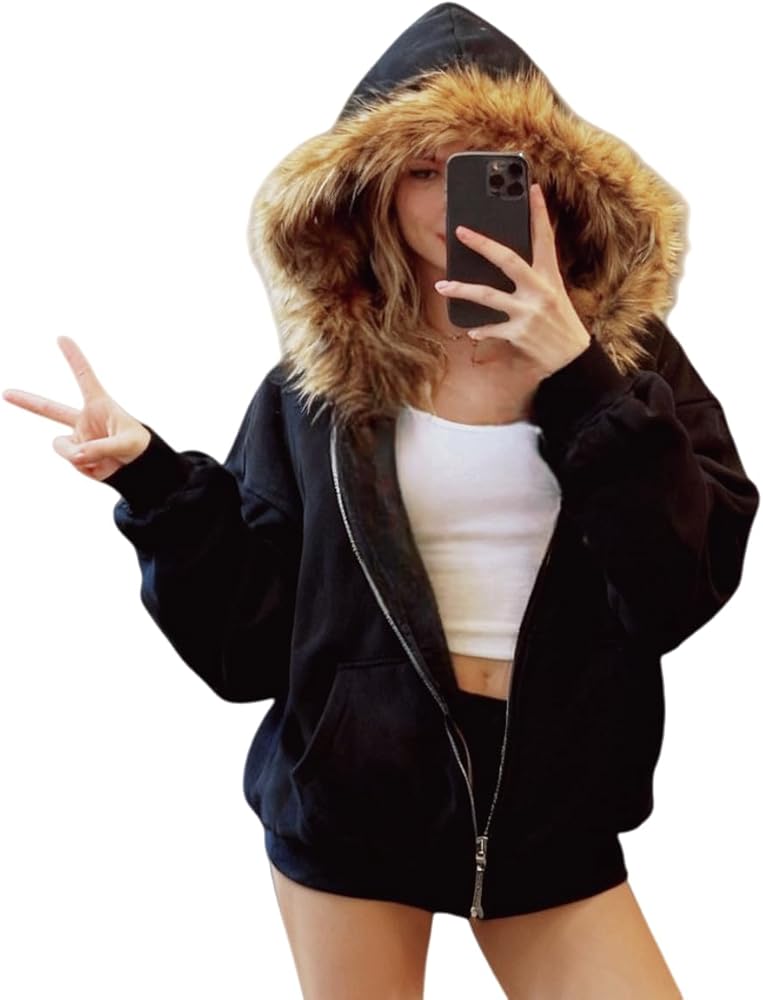 HOHOPEACH Y2k Zip Up Hoodie Fur Jackets Winter Coats Teen Emo