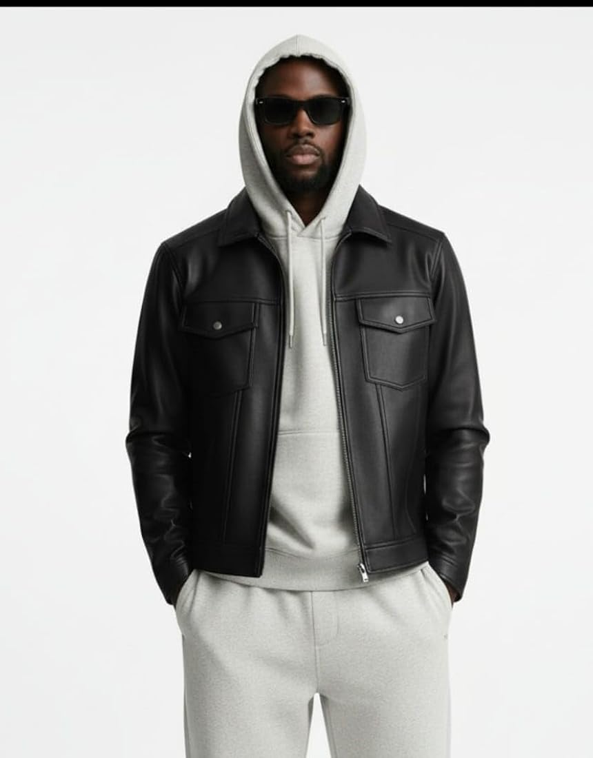 Buy Classic Faux Leather Jacket, Black, Front Zip Closure, Chest