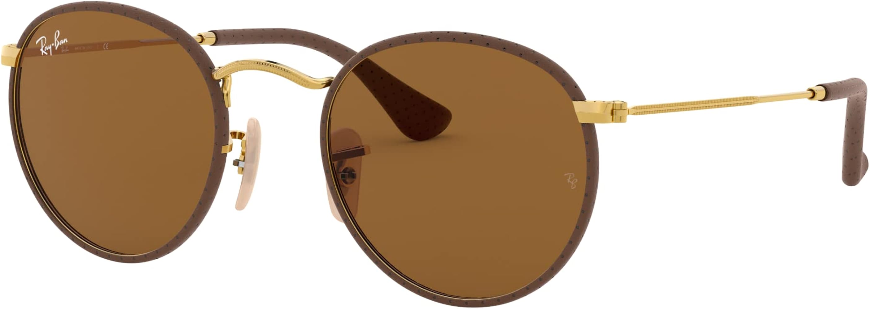 Ray-Ban RB3475Q Round Craft Sunglasses, Leather Brown On Gold/B-15