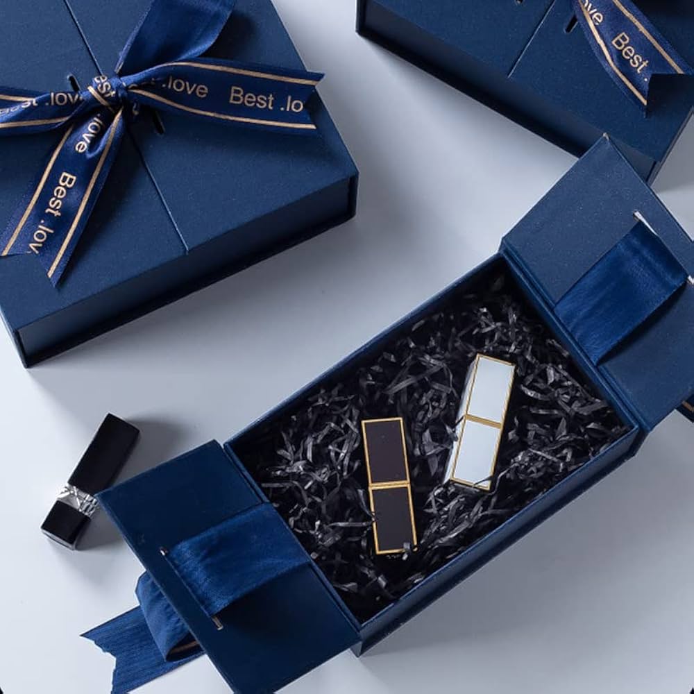 Amazon.co.jp: ギフトボックス 青 箱リボン付き マグネット箱 大容量