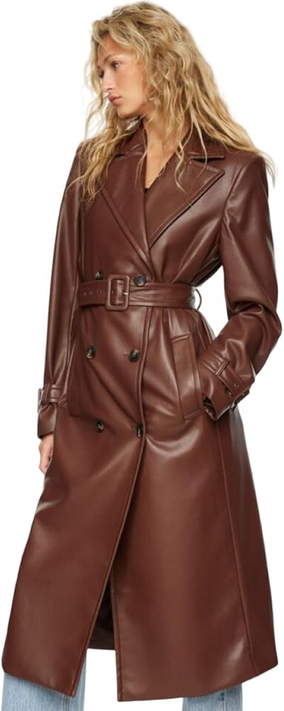 DarkRabbit Leather Trench Coat For Women Long | Brown Lambskin