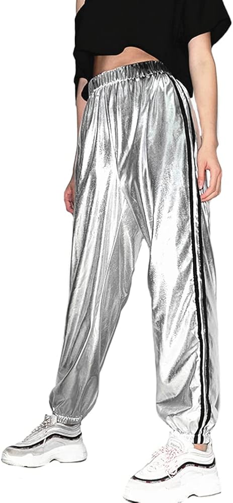 Amazon | [CCHY] メタリック ロングパンツ シルバー ラインパンツ