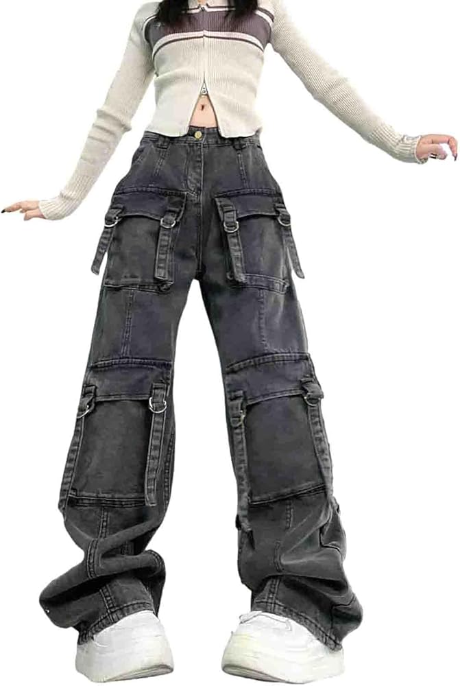 MEOKIM Y2K Pants Women's Gothic Denim Loose Work Pants Harajuku