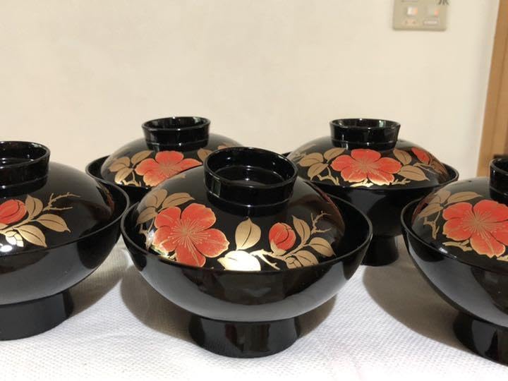 アンティーク品(明治)若狭塗り お吸い物5人分＆木箱set アンティーク品