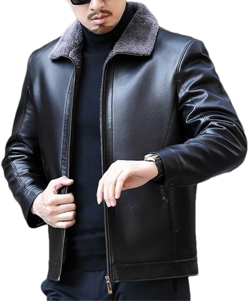 Wjnvfioo Leather Jacket Men's Casual Thickened Plus Cashmere Sheep