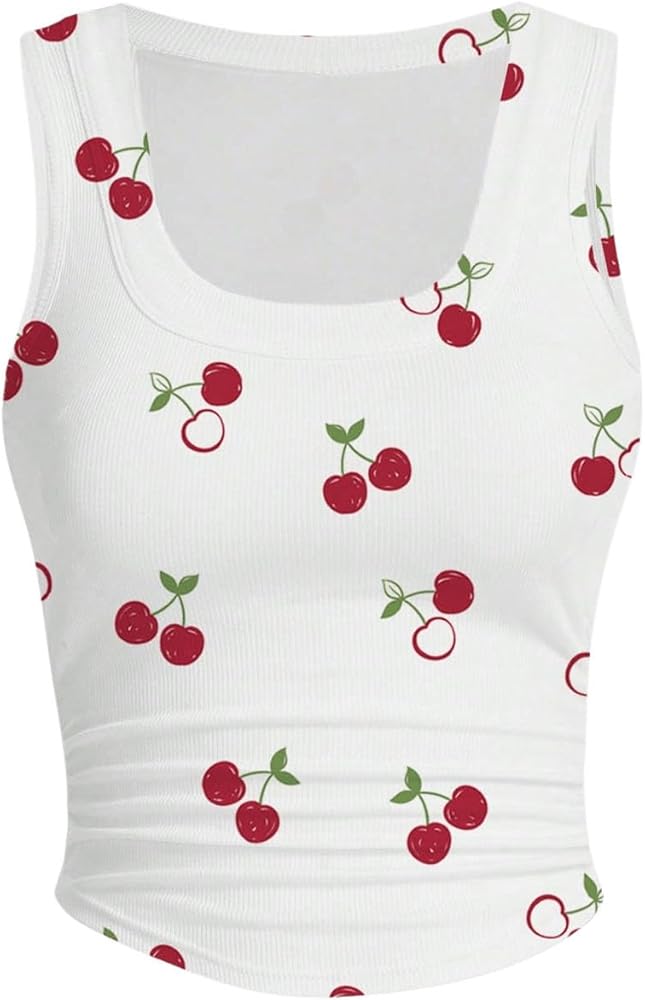 WDIRARA Women's Cherry Print Curve Hem Tank Top Sleeveless Scoop