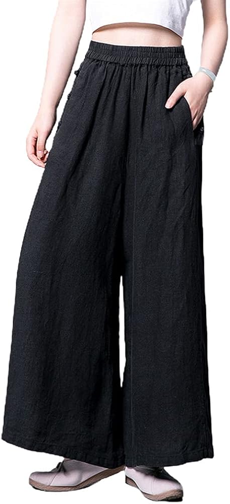 chouyatou Women's Baggy Elastic Waist Chinese Frog Button Wide Leg
