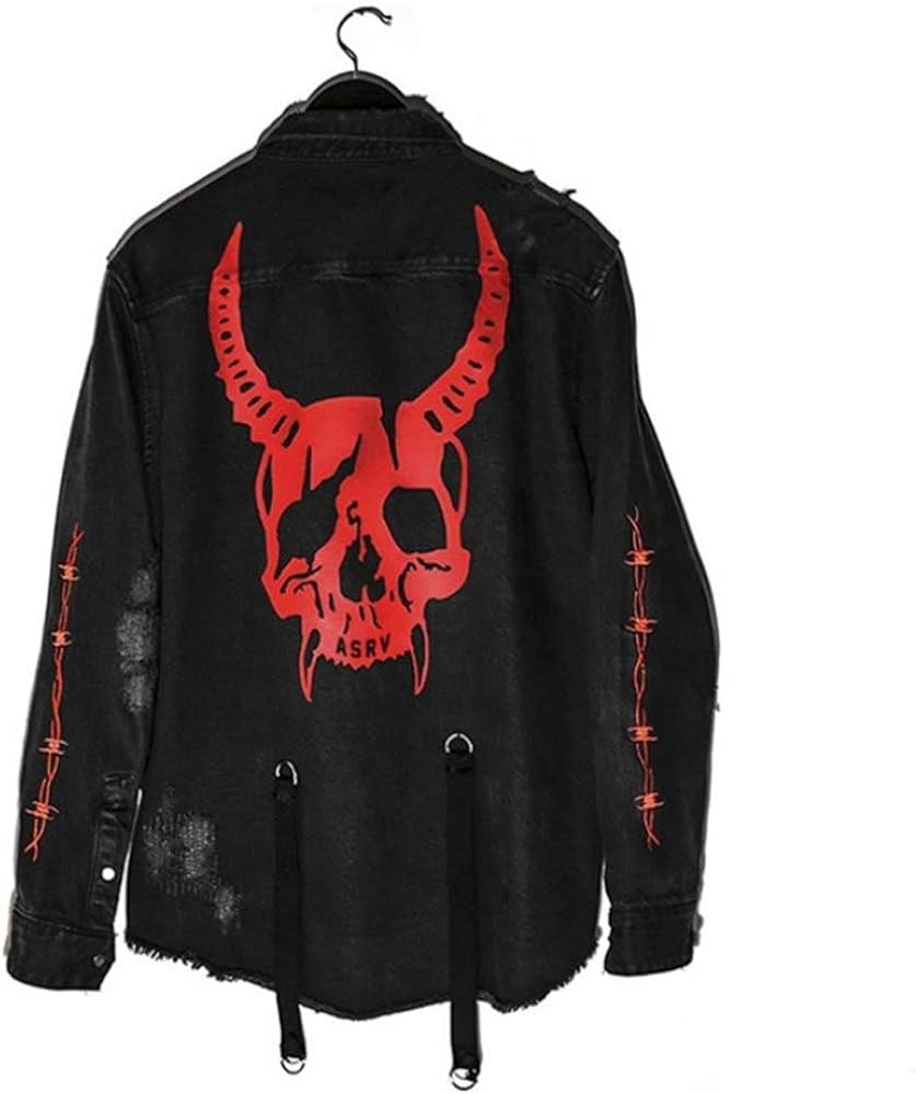 Mens Gothic Jacket Casual Harajuku Demon Hunter Skull Black Denim