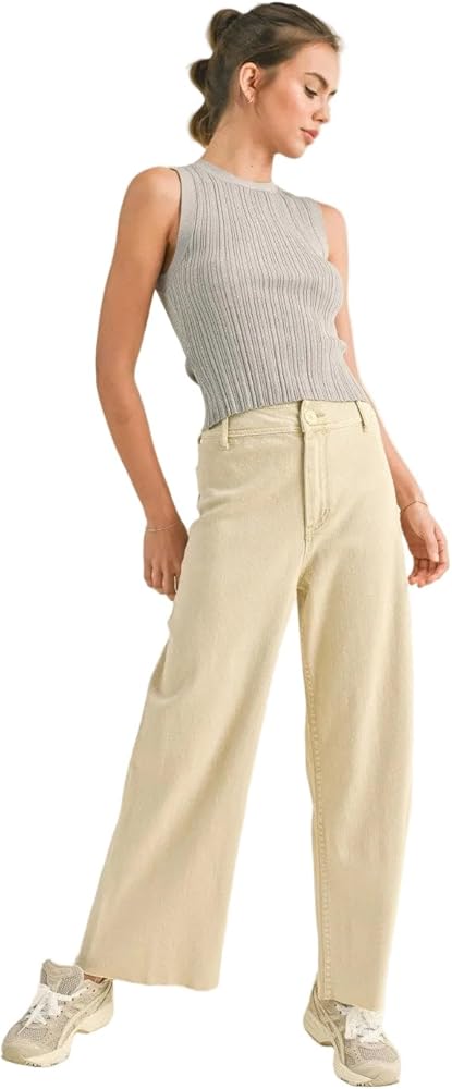 Miou Muse - High Rise Raw Hem Crop Wide Leg Pant - (29