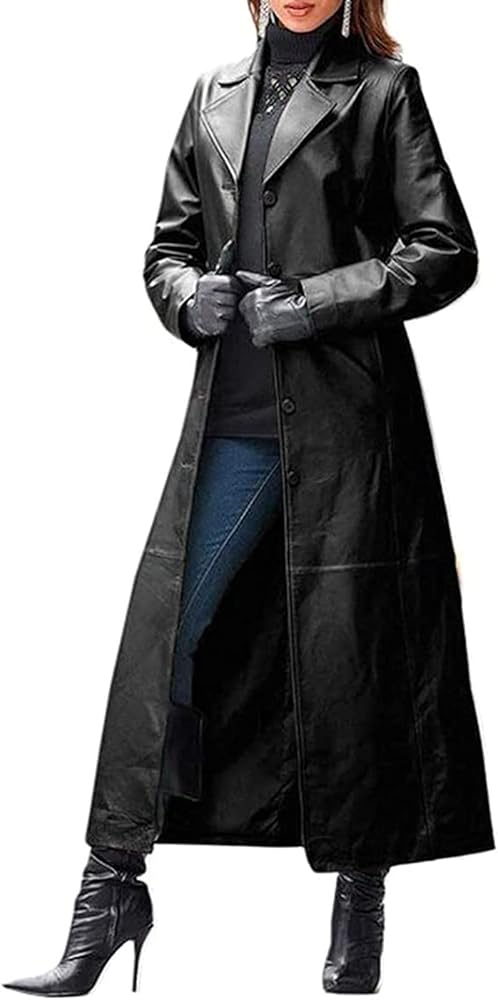 HYCYYFC Women Long Faux Leather Trench Coat, Ladies Fitted Button