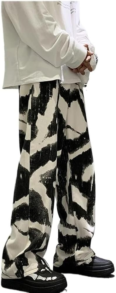 Streetwear Zebra Printed Jeans Men Straight Casual Wide Leg