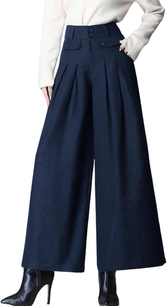 chouyatou Women's Casual Wide Leg Wool Blend Pants Baggy Culotte