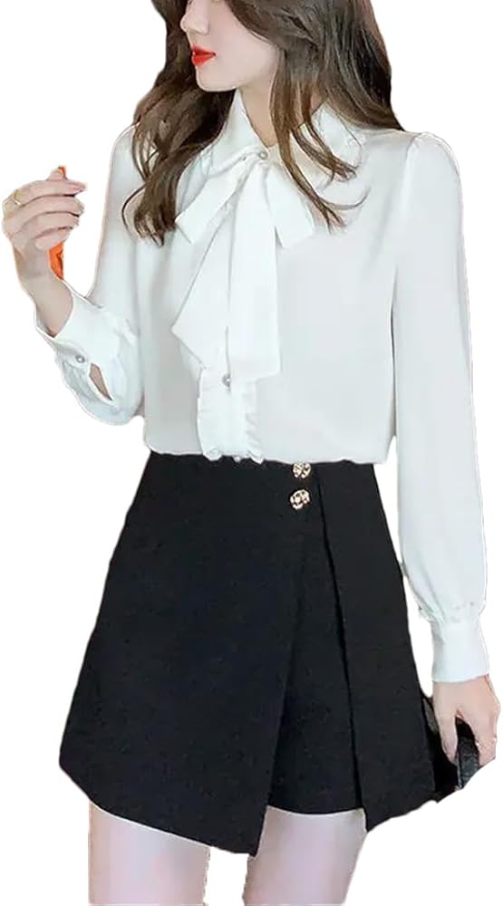 Generic Bow Tie White Chiffon Shirt Spring Summer Blouse Lace Long