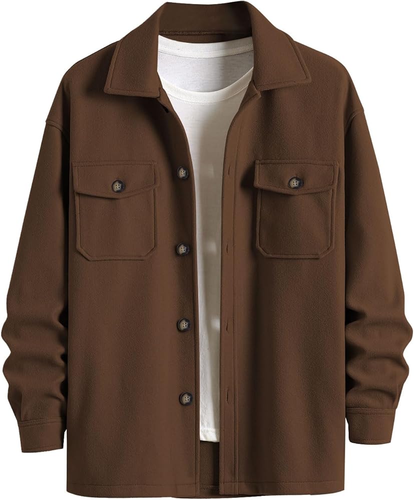 ZAFUL Men's Checked Plaid Color Block Flap Pocket Woolen Turn Down