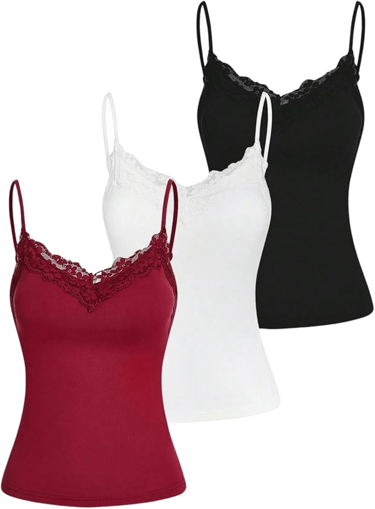 SOLY HUX Women's Camisole Tops with Built in Bra 3 Packs Lace Trim