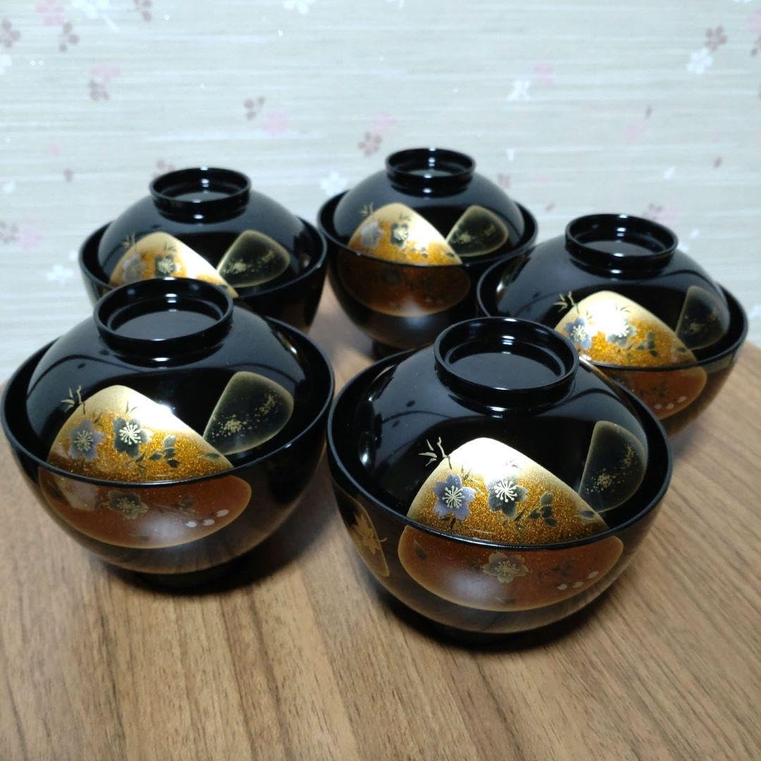会津塗坂本乙造金彩蒔絵本漆仕上蓋付きお吸い物椀揃5客汁椀御椀漆塗