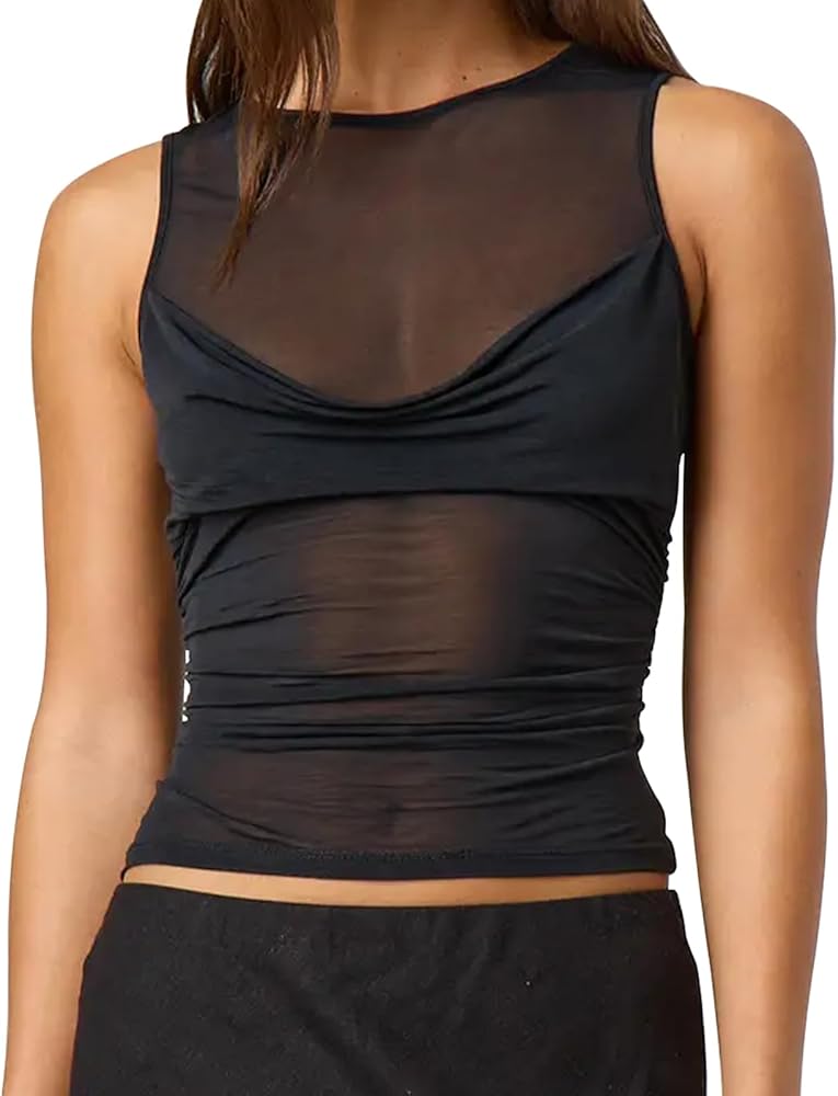 Women Sheer Mesh Tank Top Y2k Sleeveless See Through Ruched Tops