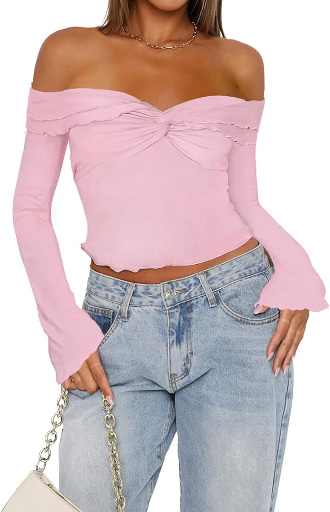 Goafuliy Pink Going Out Tops for Women, Long Sleeve Twist Front V