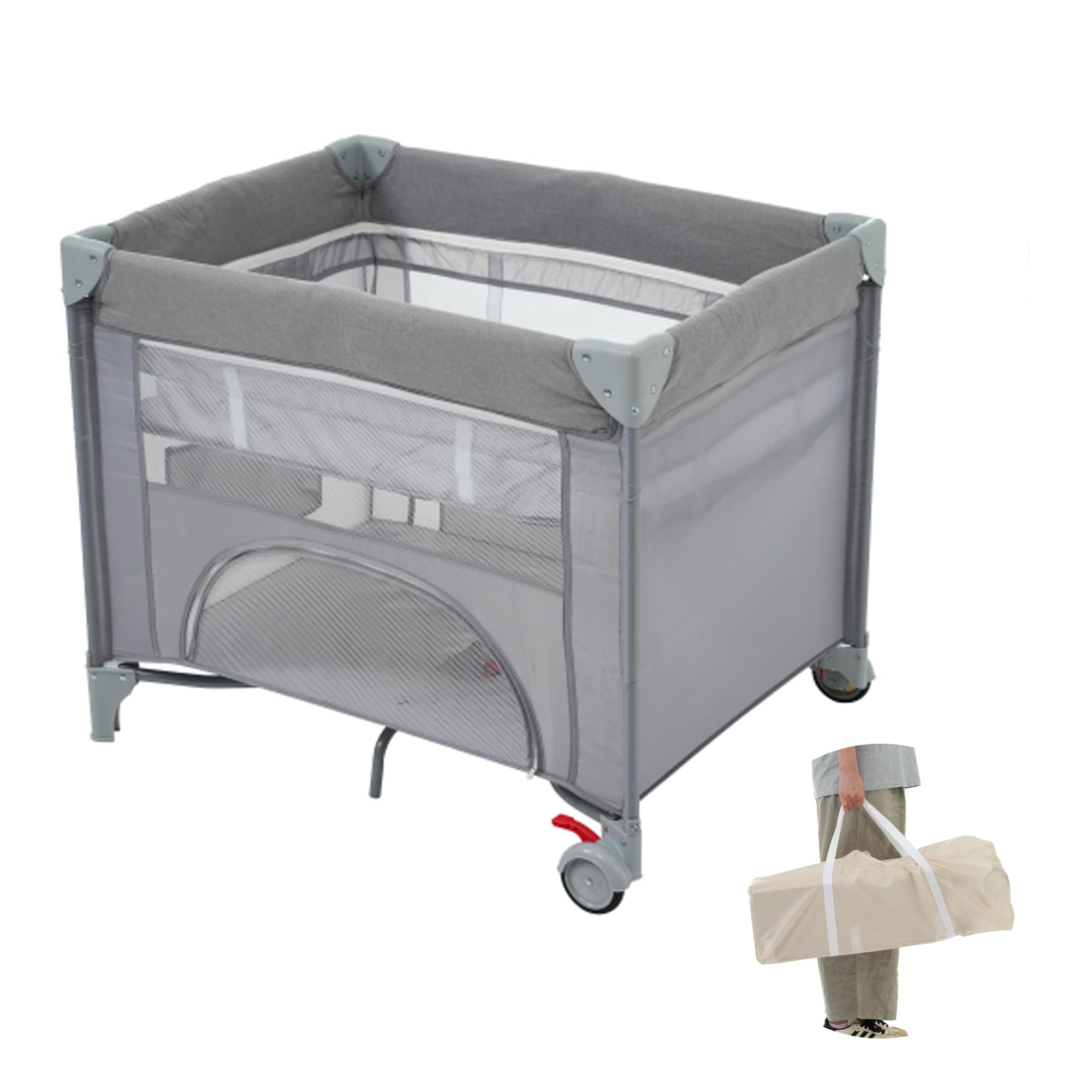 HZDMJ グレー ベビーベッド メッシュサイドパネル 高さ調整機能 HZDMJ