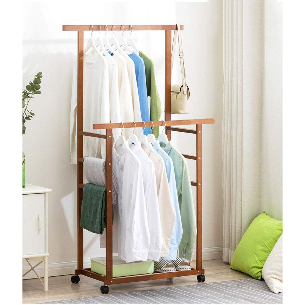 Amazon｜ハンガーラック 竹製木製ハンガー キャスター付き 2列 滑り