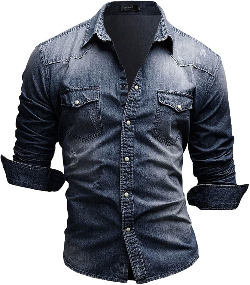 Amazon.com: Kinkia Men's Long Sleeve Denim Shirt Casual Snap