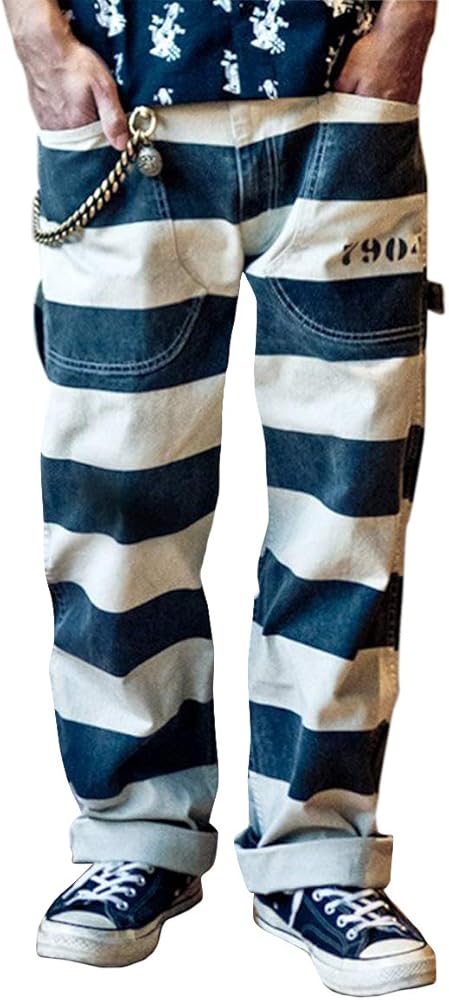 Amazon | 囚人パンツ プリズナーパンツ 白×黒 バイカー ボーダー