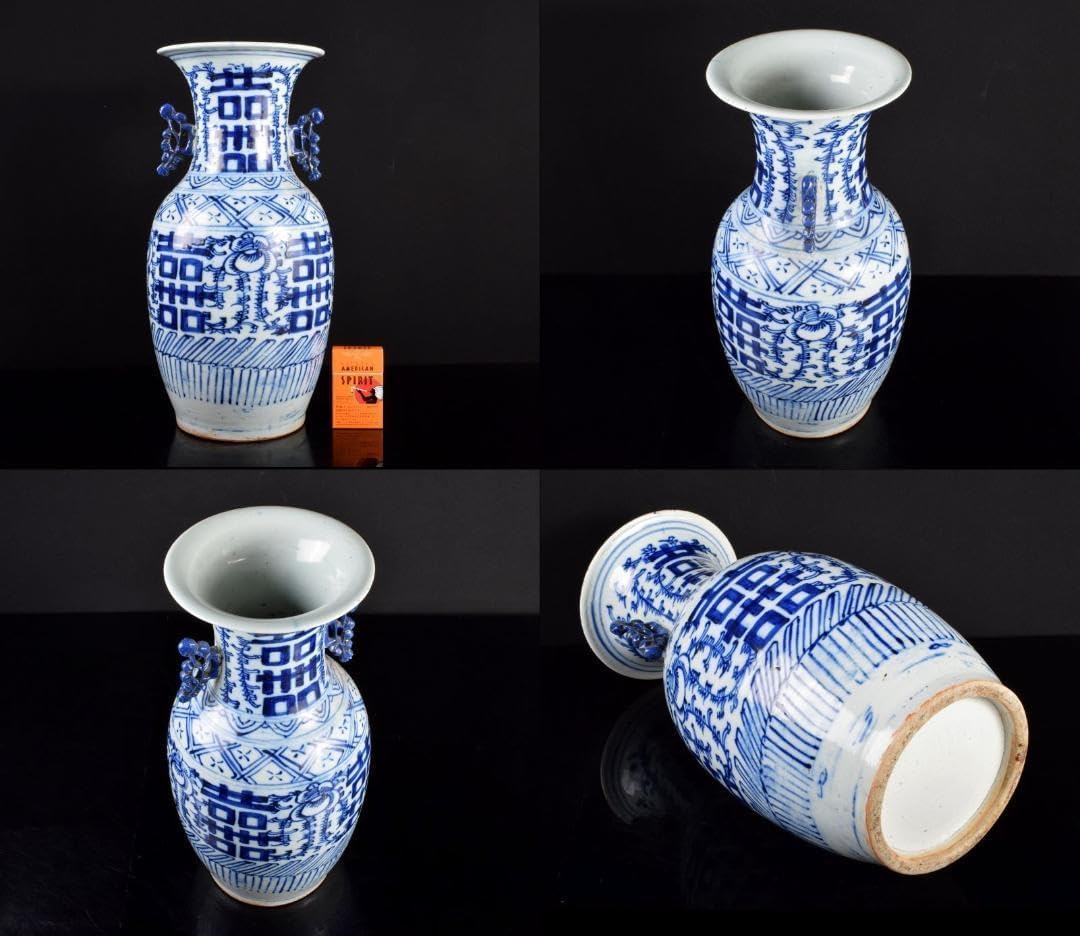 中国 青花 喜字文雙耳瓶 V 3907B 高さ約42cm 幅約21cm 口外径約