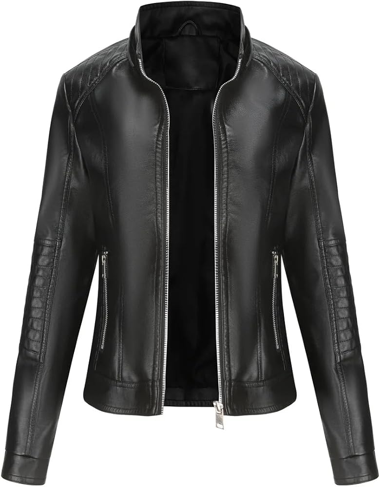 Faux Leather Jacket Women Stand Up Collar Female Coat Moto Biker